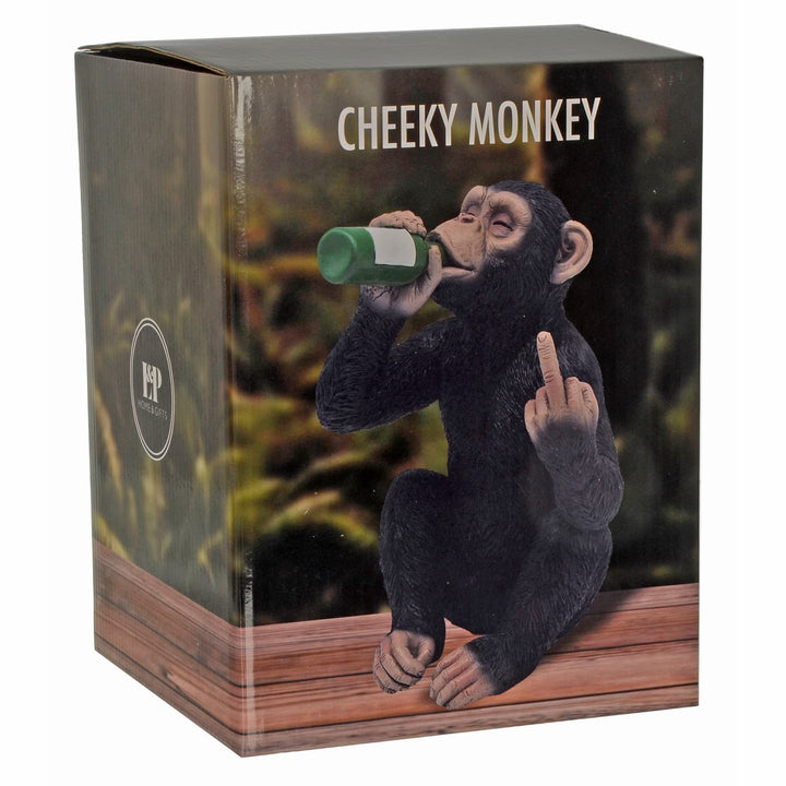 Cheeky Monkey figurine drinking a bottle of wine and sticking a middle finger up