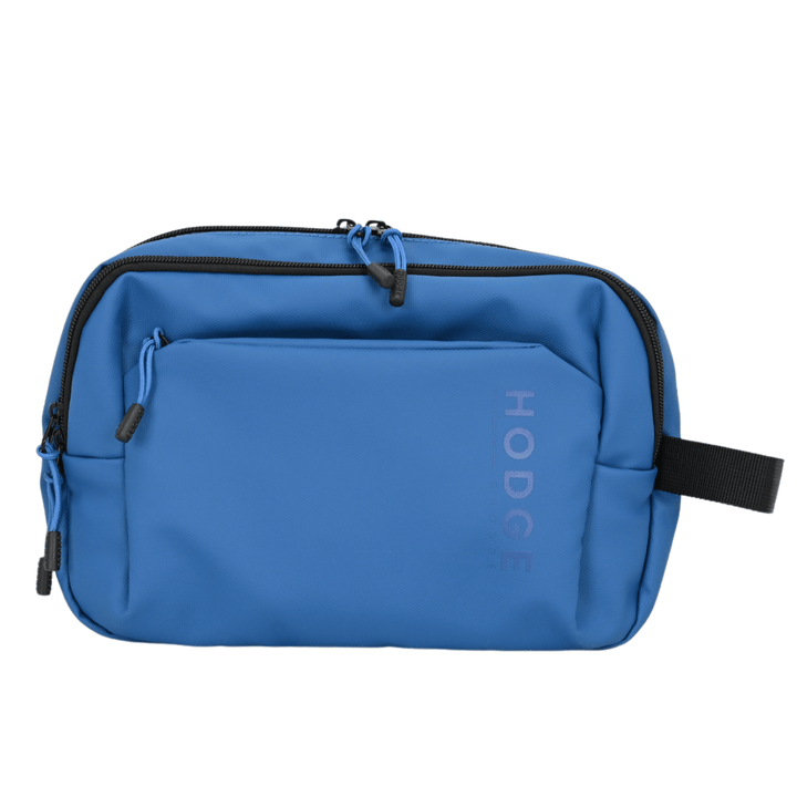 front view of wash bag with zipped compartments and black carry handle