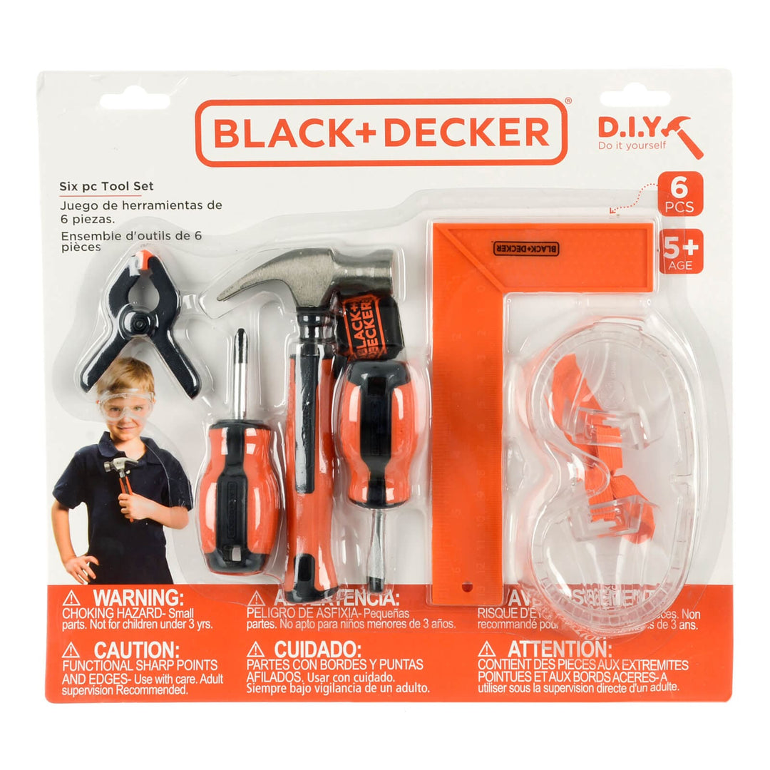Set of 6 kids tools including screwdrivers hammer clip goggles and set square