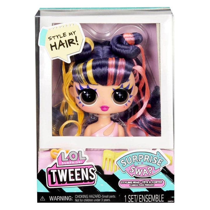 LOL Surprise Styling Head with black yellow and orange hair and yellow hair accessories