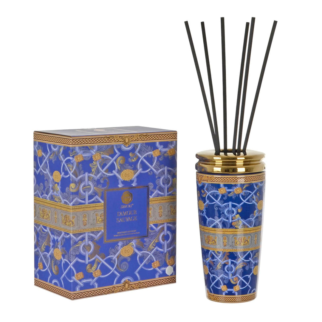 Blue and gold pattern ceramic reed diffuser with matching gift box packaging