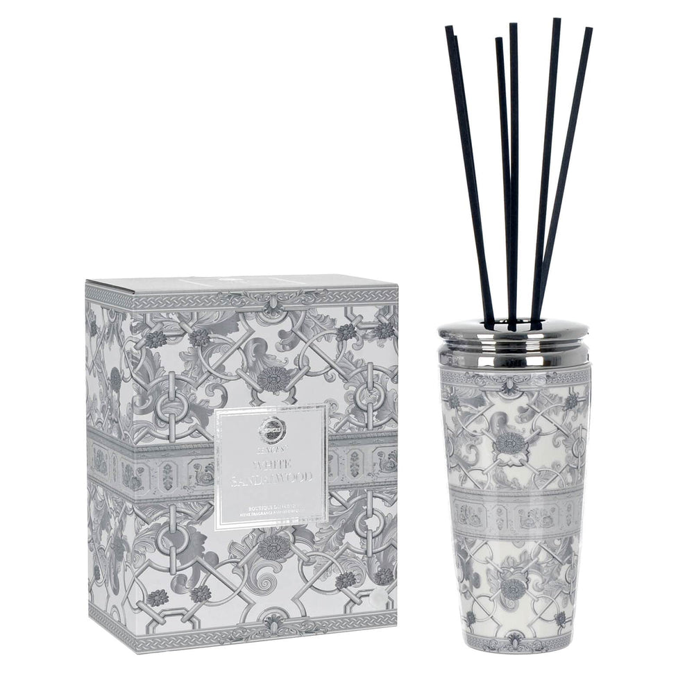 Grey and white floral pattern ceramic reed diffuser with black reeds and a gift box