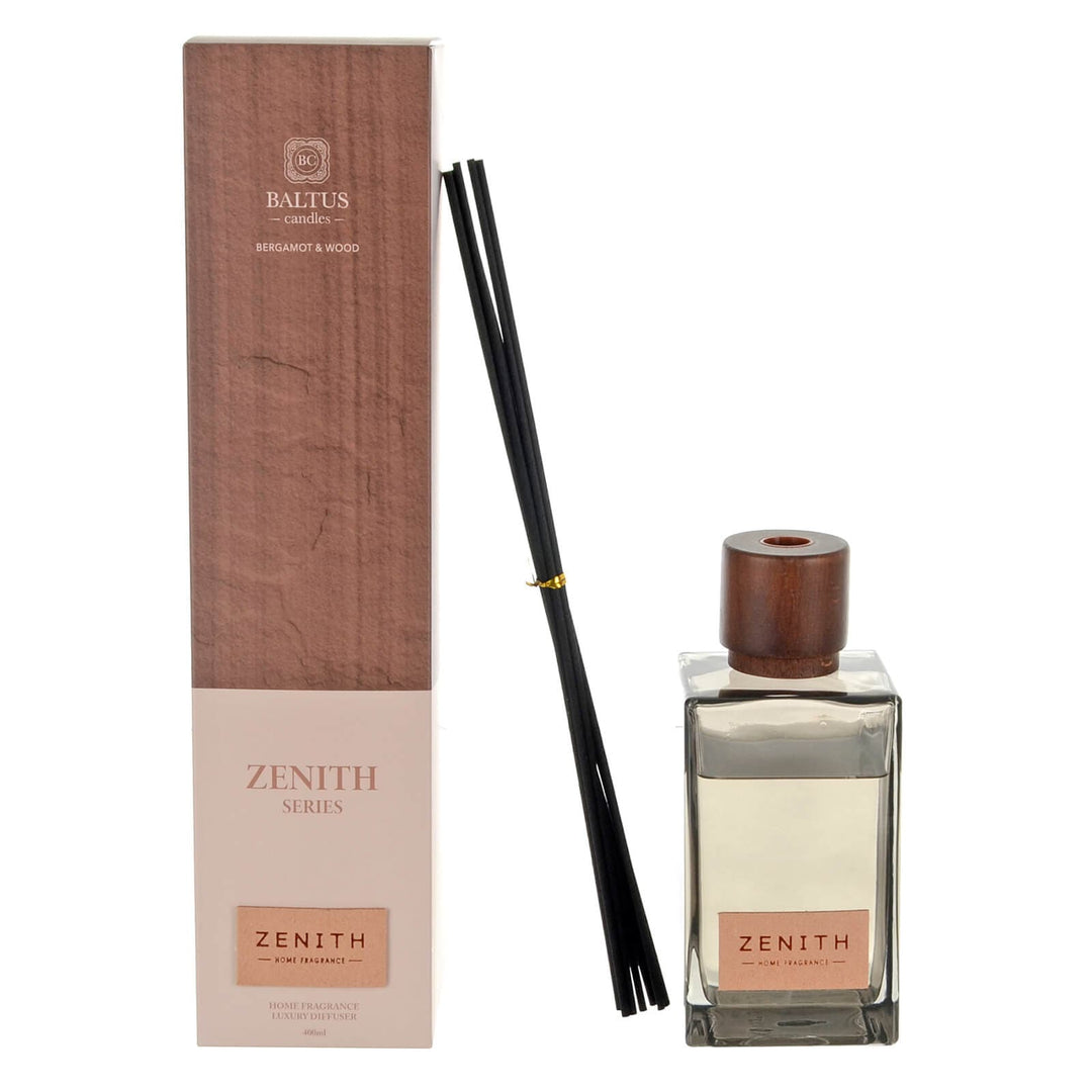 Baltus Zenith Bergamot and Wood scented diffuser set with wooden top diffuser black reeds and packaging on a white background
