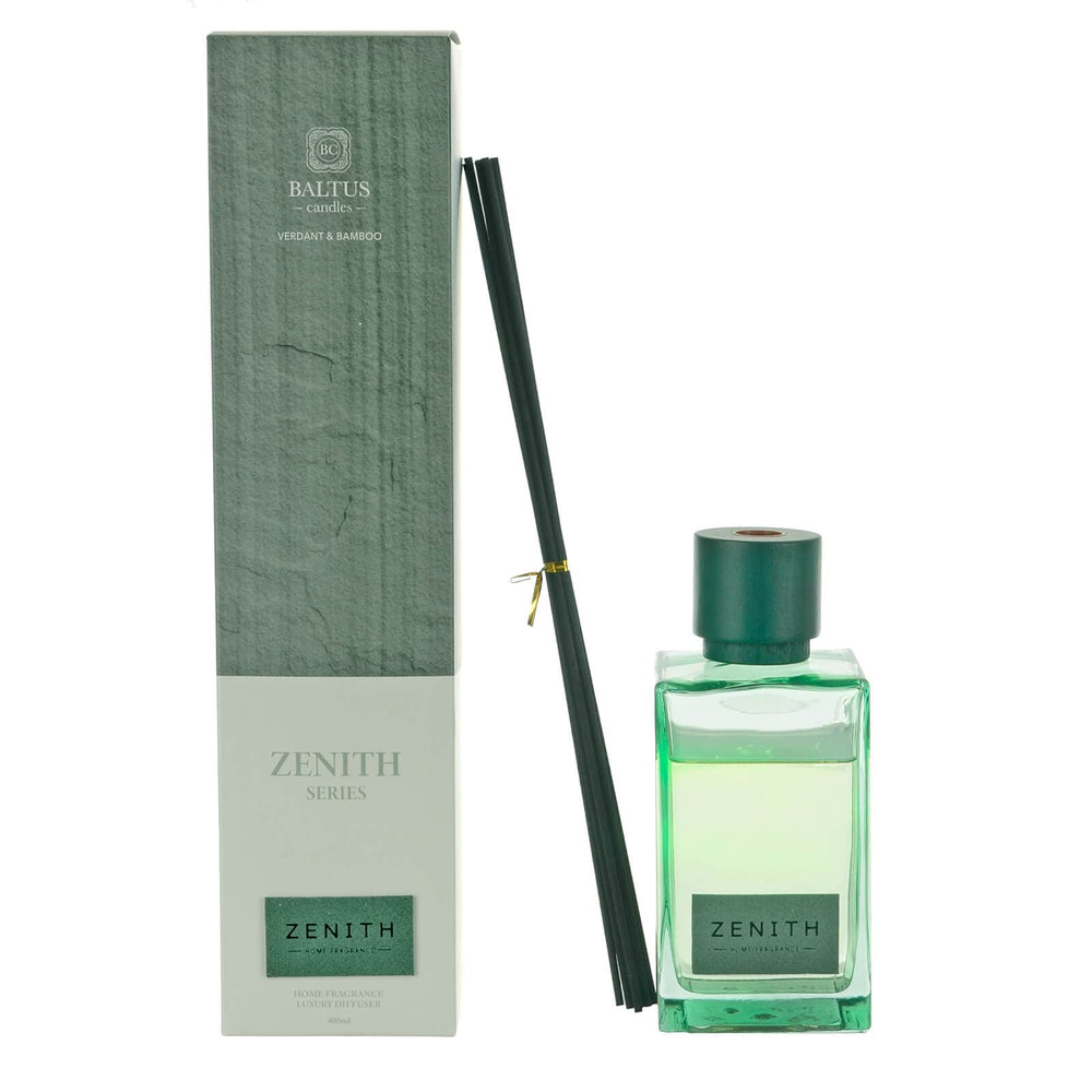 Baltus Zenith Verdant & Bamboo scented diffuser set with green wooden top diffuser black reeds and packaging on a white background