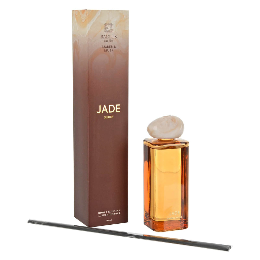 Baltus Jade series Amber & Musk reed diffuser with orange glass bottle and marble stone effect stopper