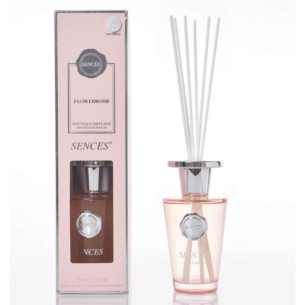 Sences Flowerbomb reed diffuser with packaging on a white background