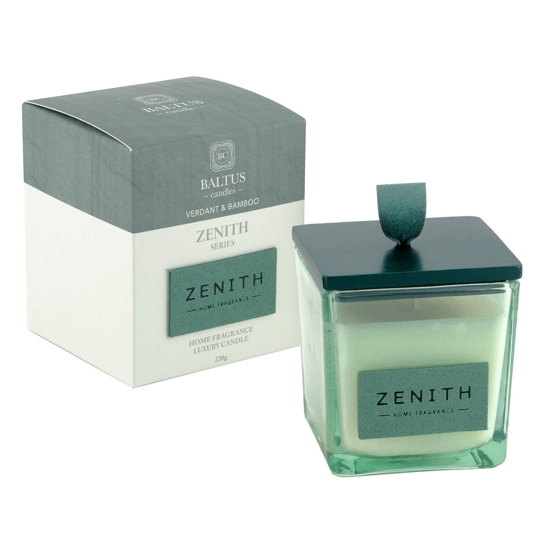 Green candle with lid and packaging labeled 'Zenith' on a white background