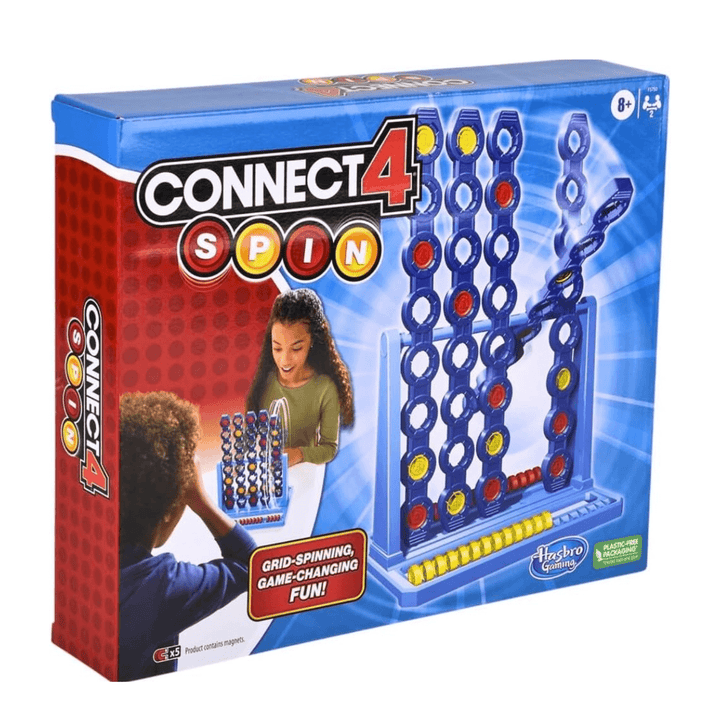 side view of connect 4 spin game packaging with gtaphic on front of grid spinning to change the outcome of the game