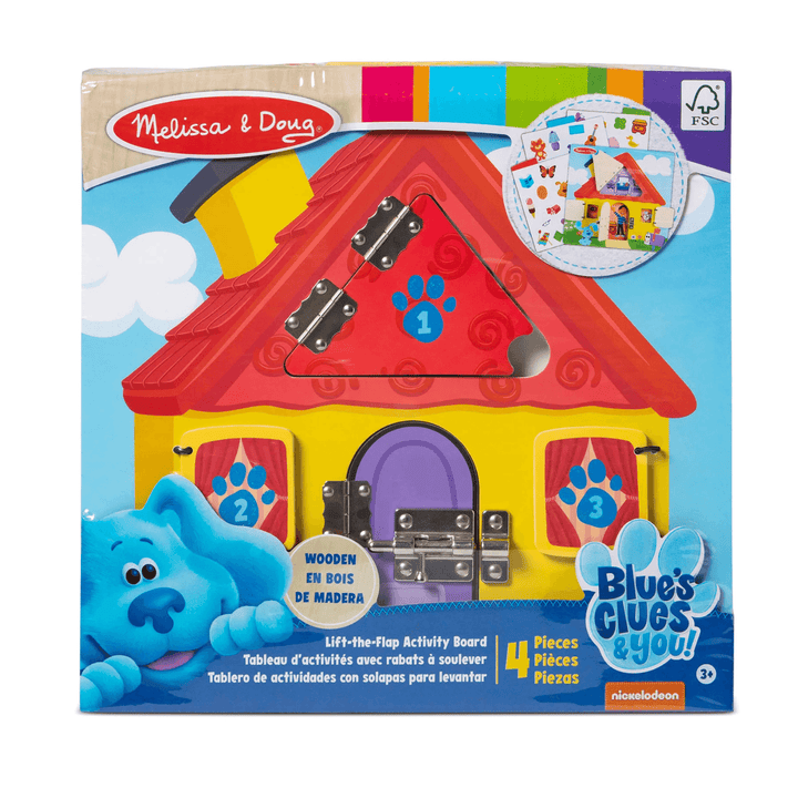 front view of activity board in packaging featurines blues clues and you logo and dog