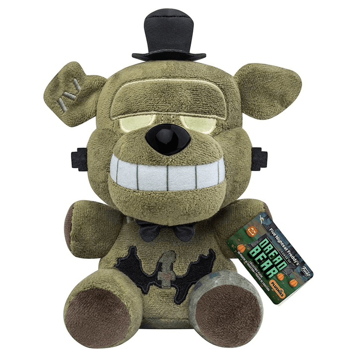 dread bear soft toy in kahki green colour wearing small little hat and bow tie with curse of dreadbear plushies tag