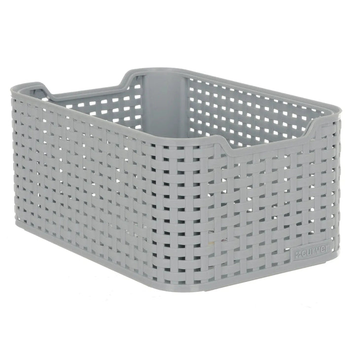 Grey Curver storage box with woven rattan basket style