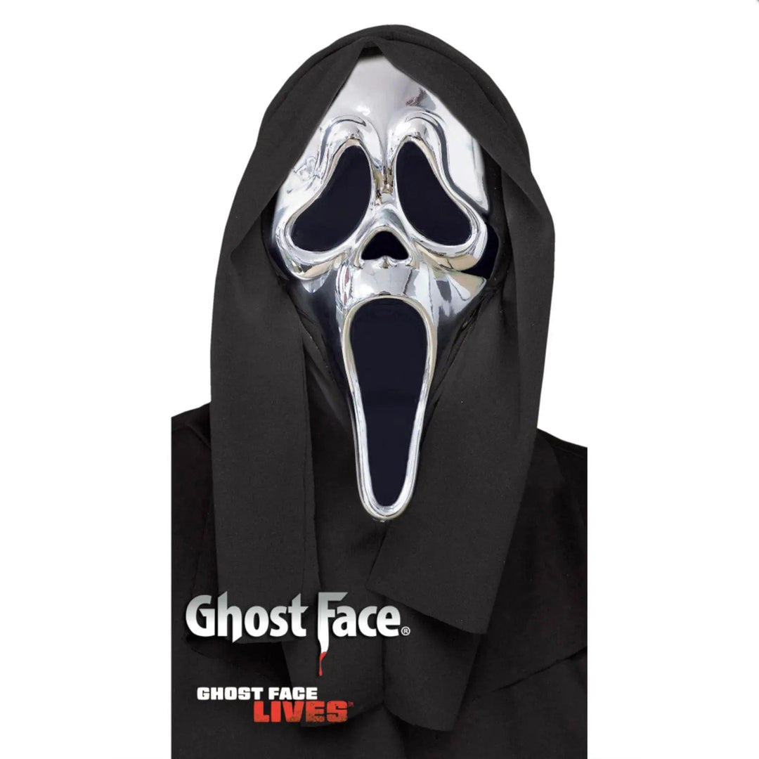 Polished silver effct Ghost Face mask with black hood for Halloween