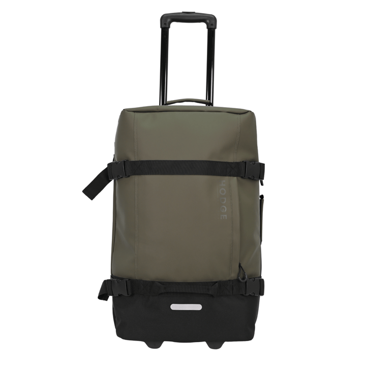 front view of arge hodge and hodge suitcase with telescopic handle, reflective details and exterior buckles