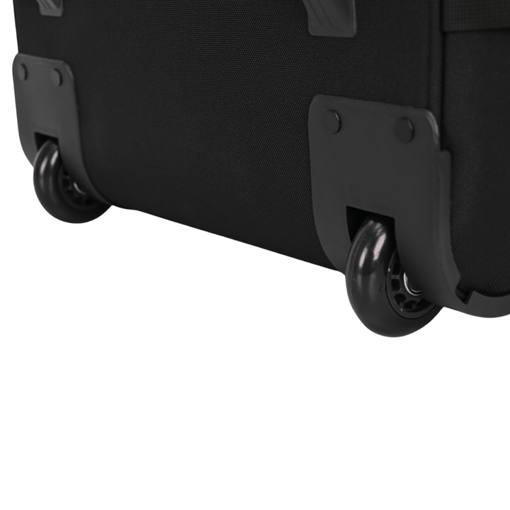 detail shot of inline wheels at base of suitcase