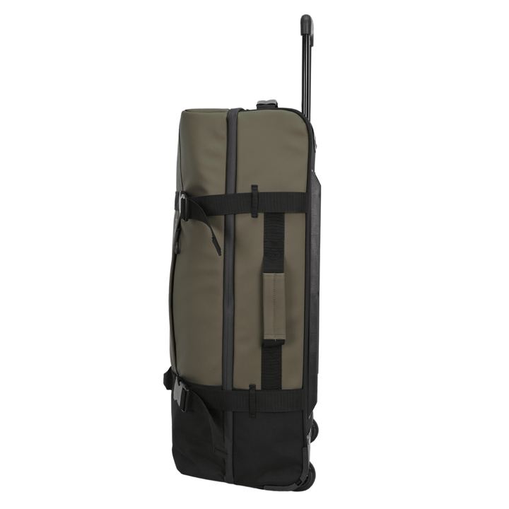 side view of large suitcase with additional carry handle