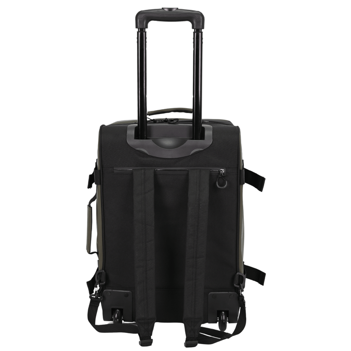 back view of 20" suitcase with backpack straps that can be stored away