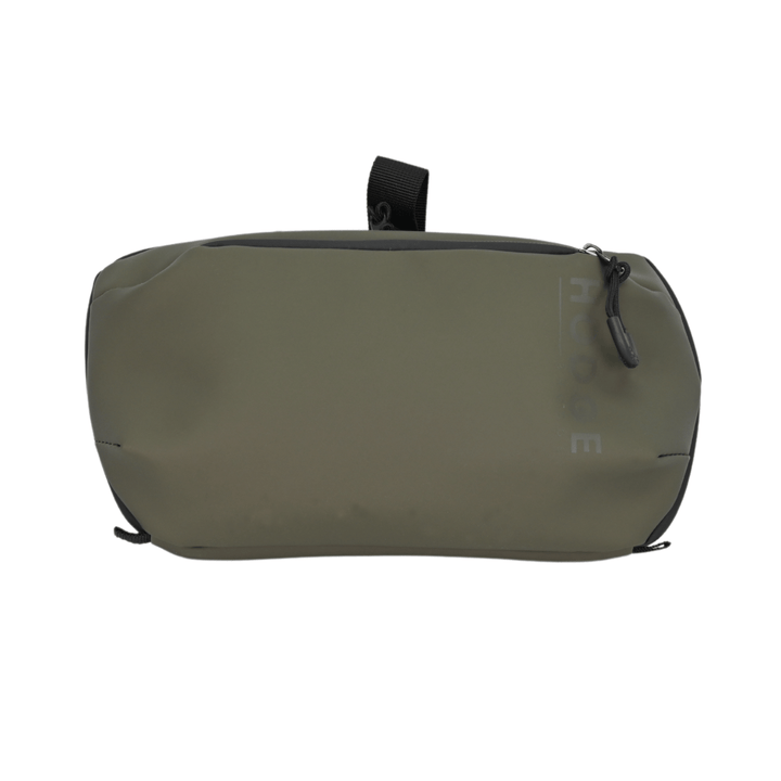 front view of hodge and hodge travel wash bag with front pocket and one main compartment, black hanging loop to the back