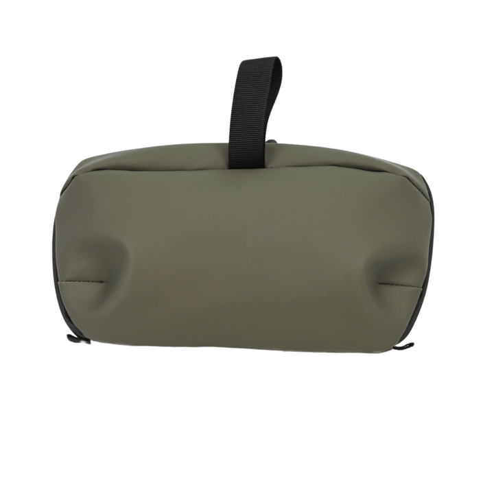 back view of wash bag with black hanging loop and soft polyester material