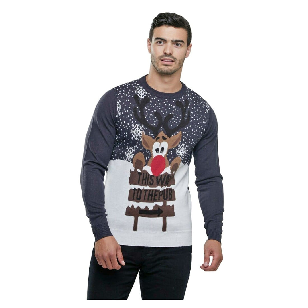 Mens Christmas Jumper Navy This Way To Pub Snowflakes Xmas S