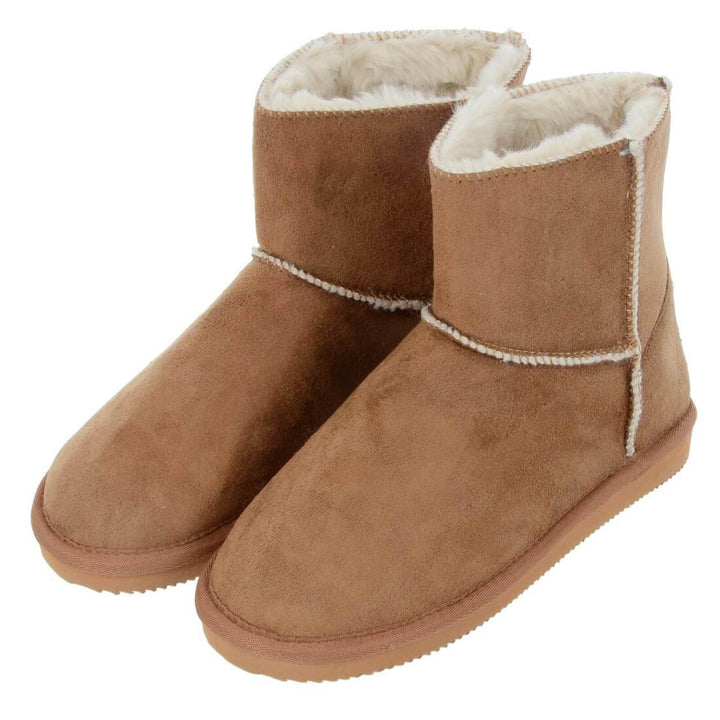 Womens Slipper Boot Luxury Microsuede Cosy Faux Fur Lining Tan / UK 3