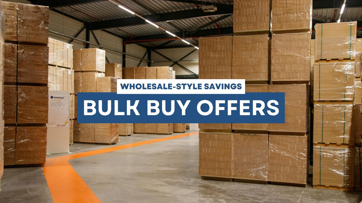 bulk buy offers - whole style savings banner in warehouse setting with boxes