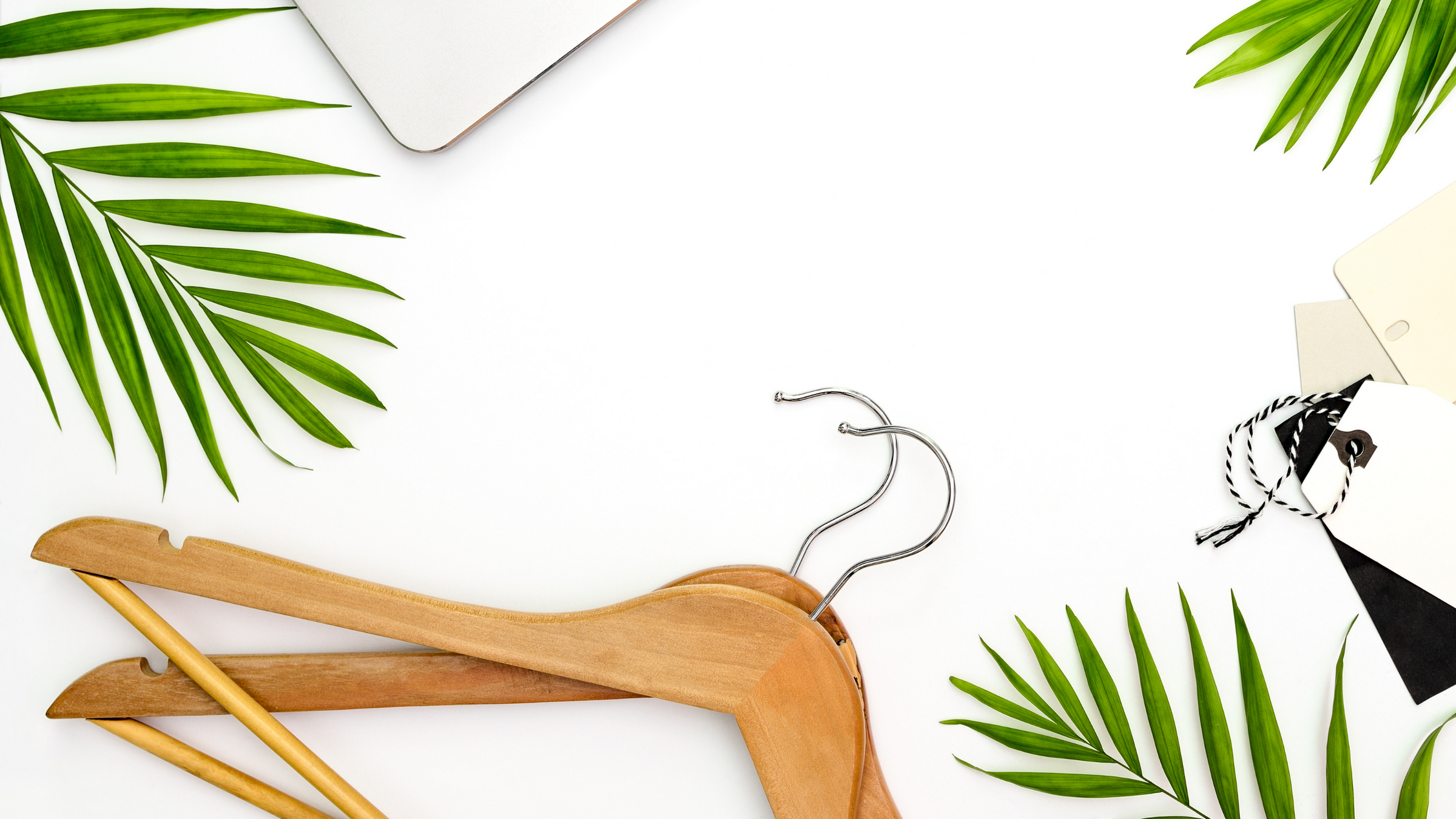 set of two wooden coat hangers on a white desk with ferns to the side