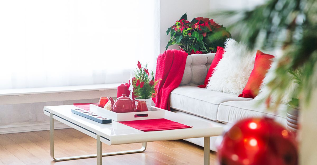 red and white cushions and blankets on white sofa