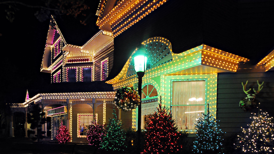 home decorated for christmas with a range of coloured christmas lights