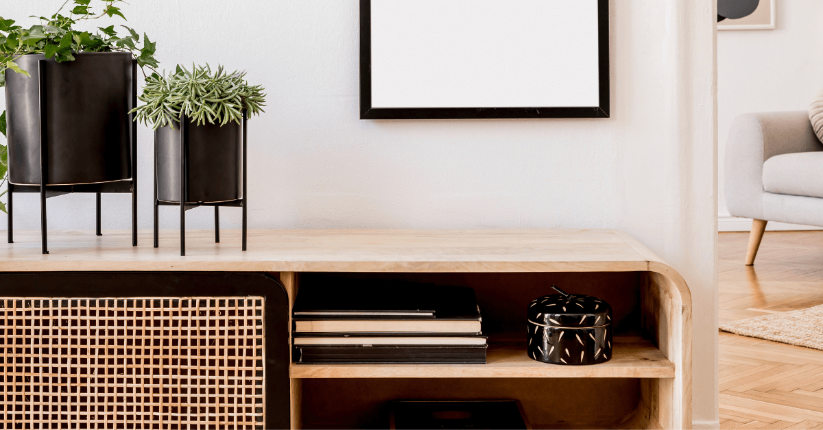 hallway console table with plants resting on top and view of empty photo frane with black edge