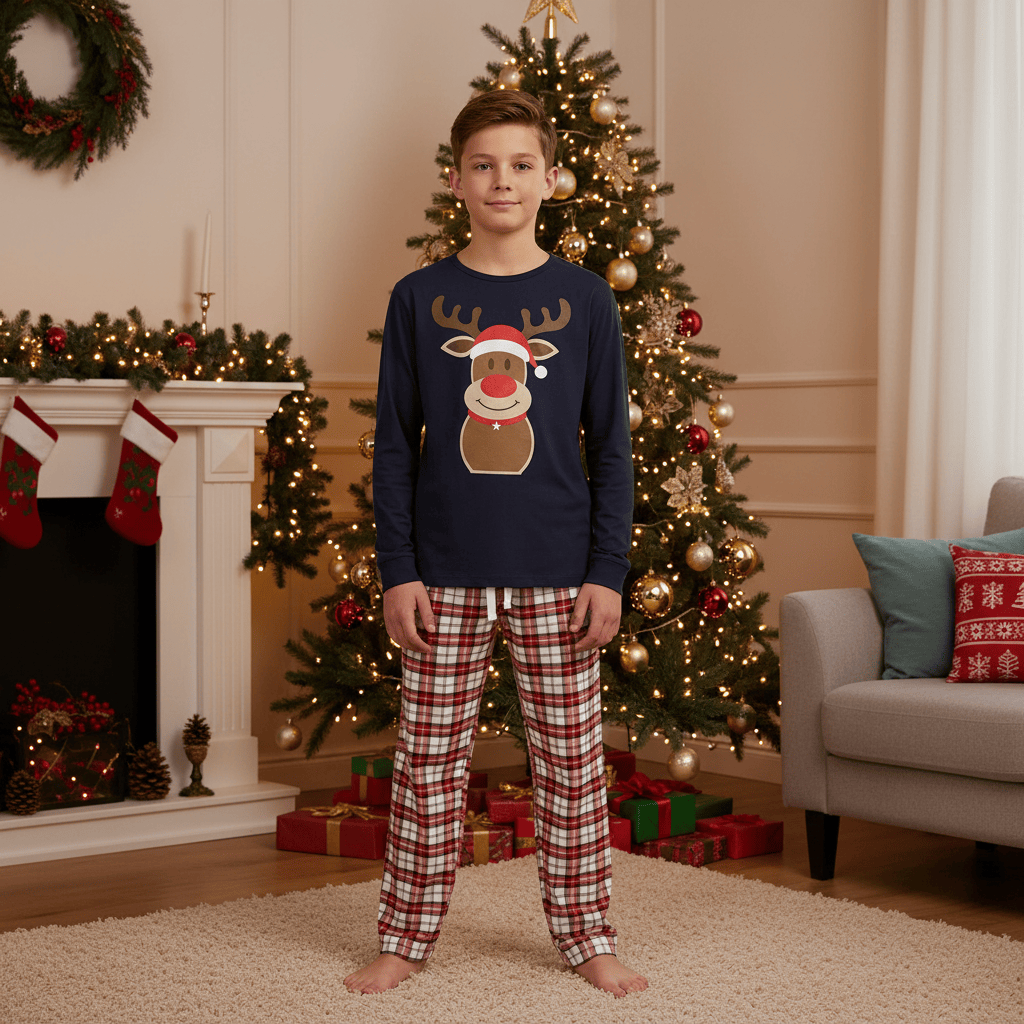 Child wearing a navy blue sweater with a reindeer design and plaid pajama pants in a festive living room.