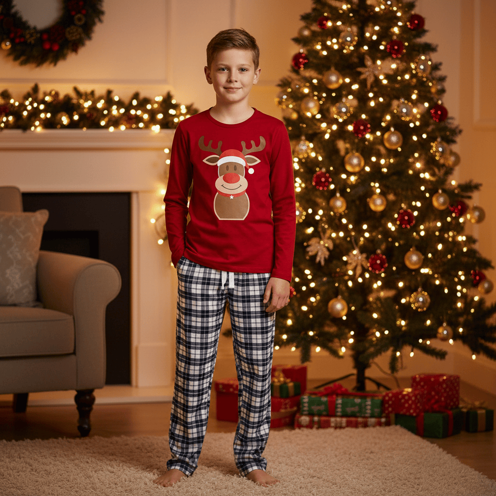 Child wearing a red sweater with a reindeer design and plaid pants standing in front of a Christmas tree and fireplace.