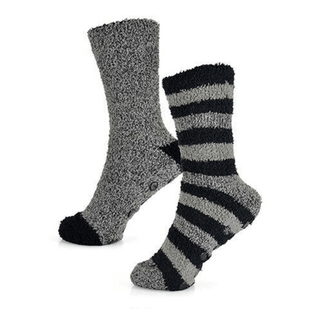 grey socks featuring black and grey strips and solid grey marl design with contrasting heel and toes