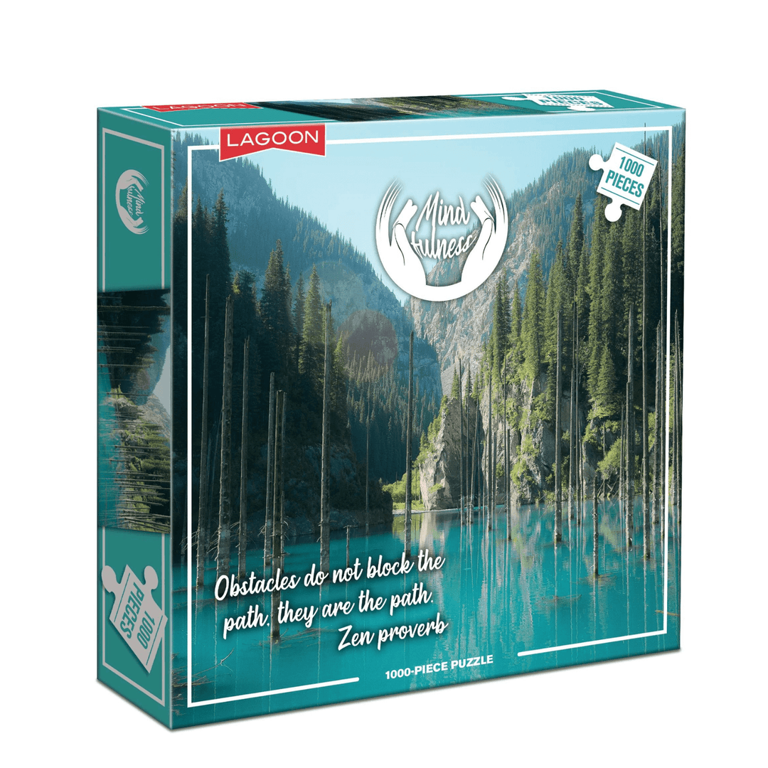 lagoon mindfulness 1000 piece jisaw puzzle with forest water scene and zen proverb on the front