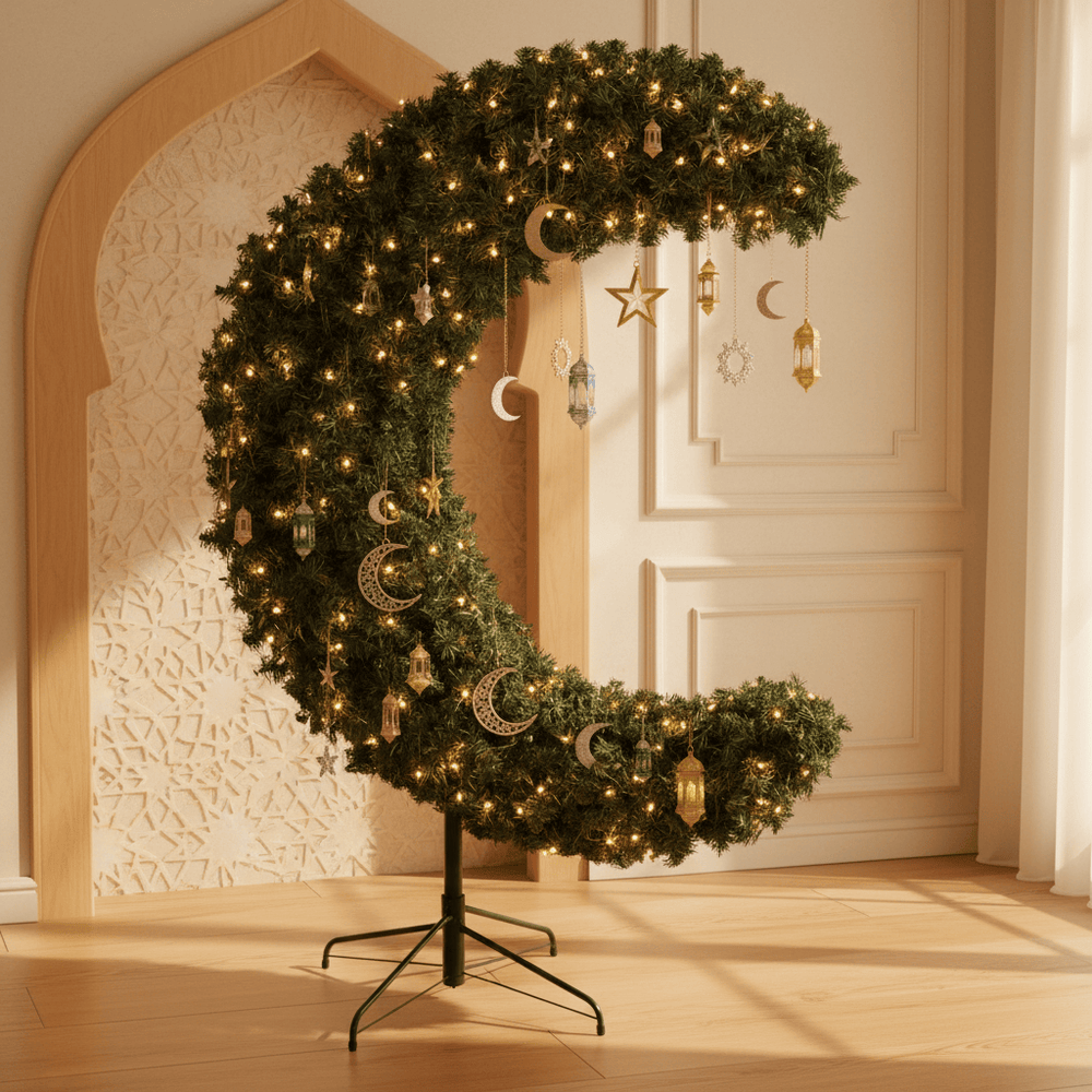 A Crescent Shaped Prelit Green Tree dressed for EID