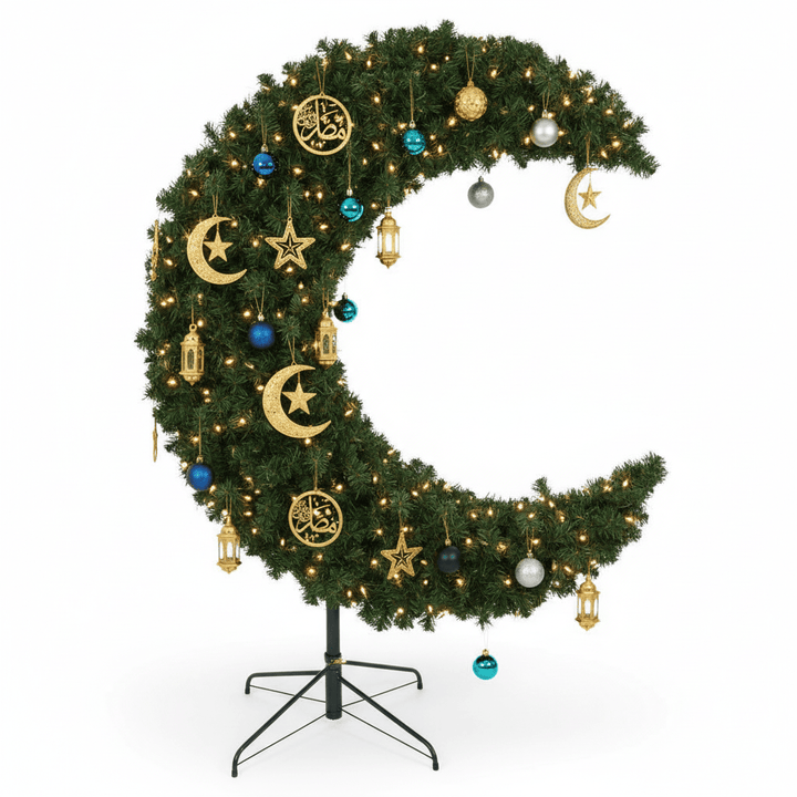 A Crescent moon Shaped tree dressed for Ramadan