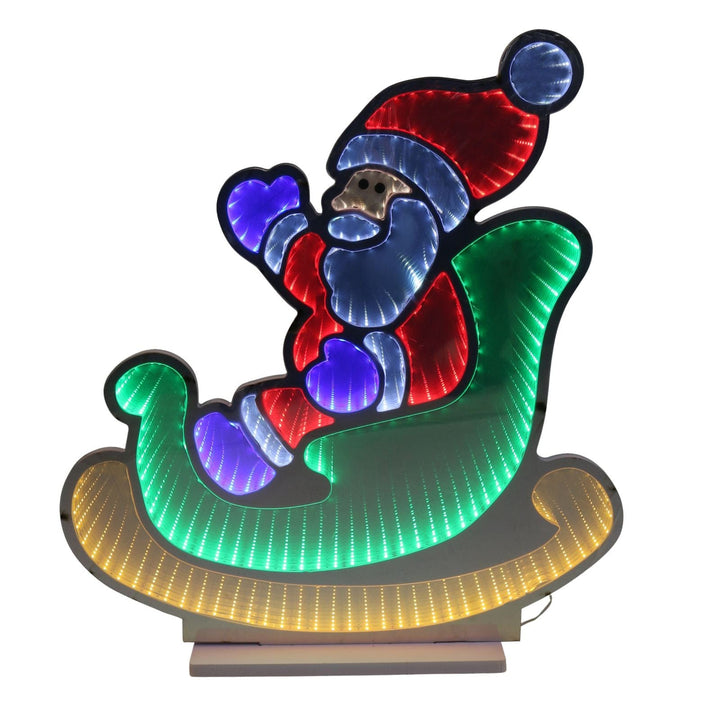 Decorative light-up sign of a snata character in a green sleigh on a white background