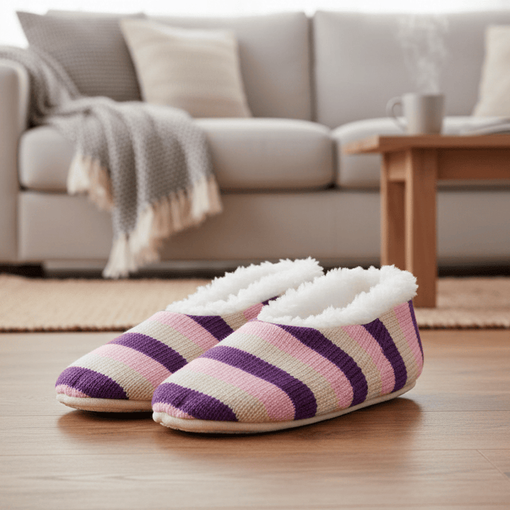 Womens Stripe Knit Ballet Style Slippers With Sherpa Lining