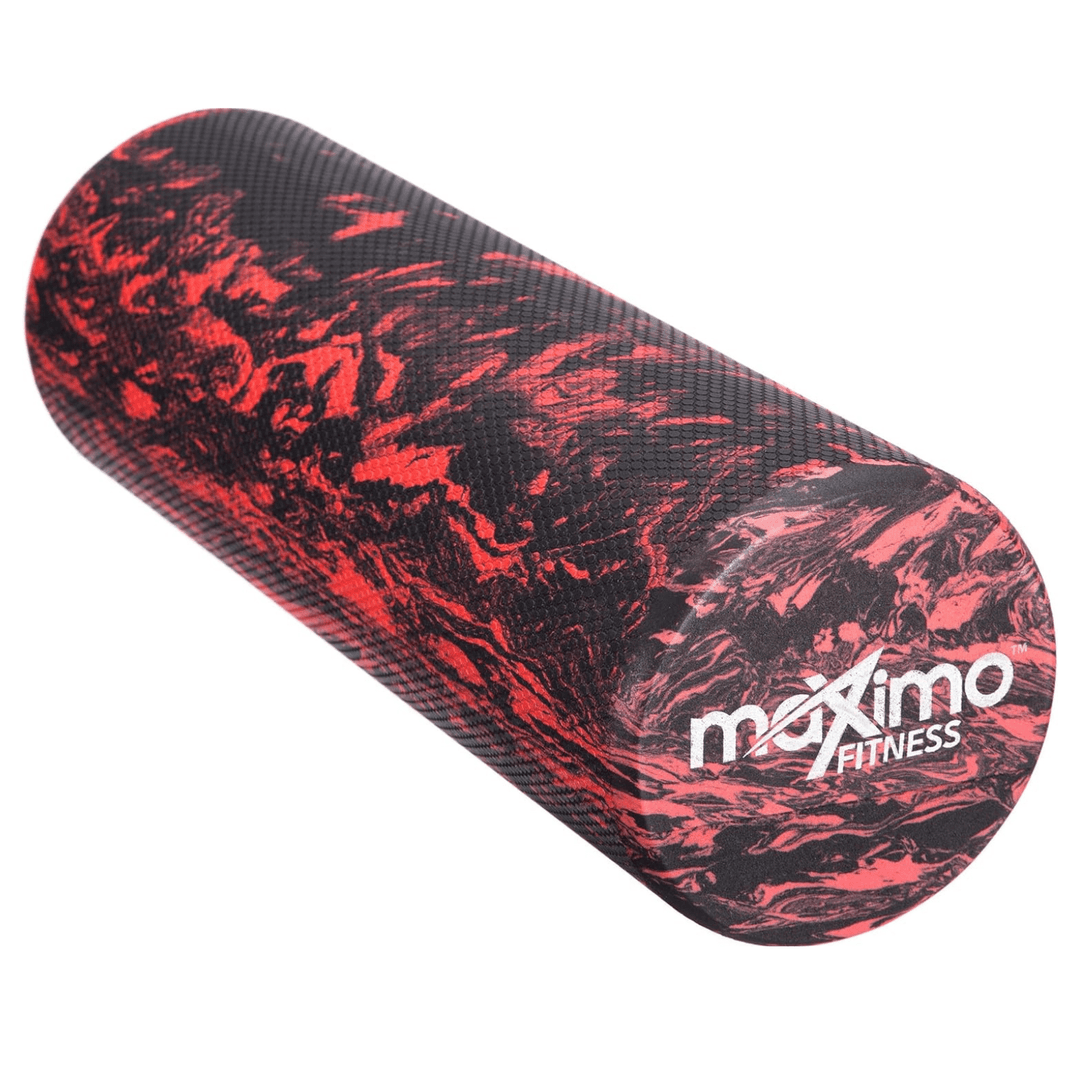 maximo fitness foam roller with red and black marble design