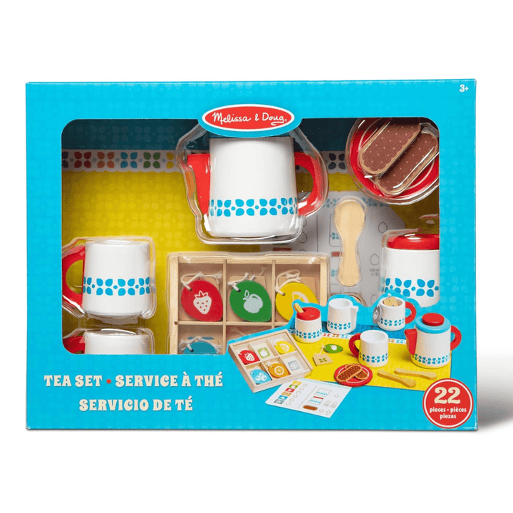 melissa & doug tea set in cardboard packing with melissa & doug branding on the front