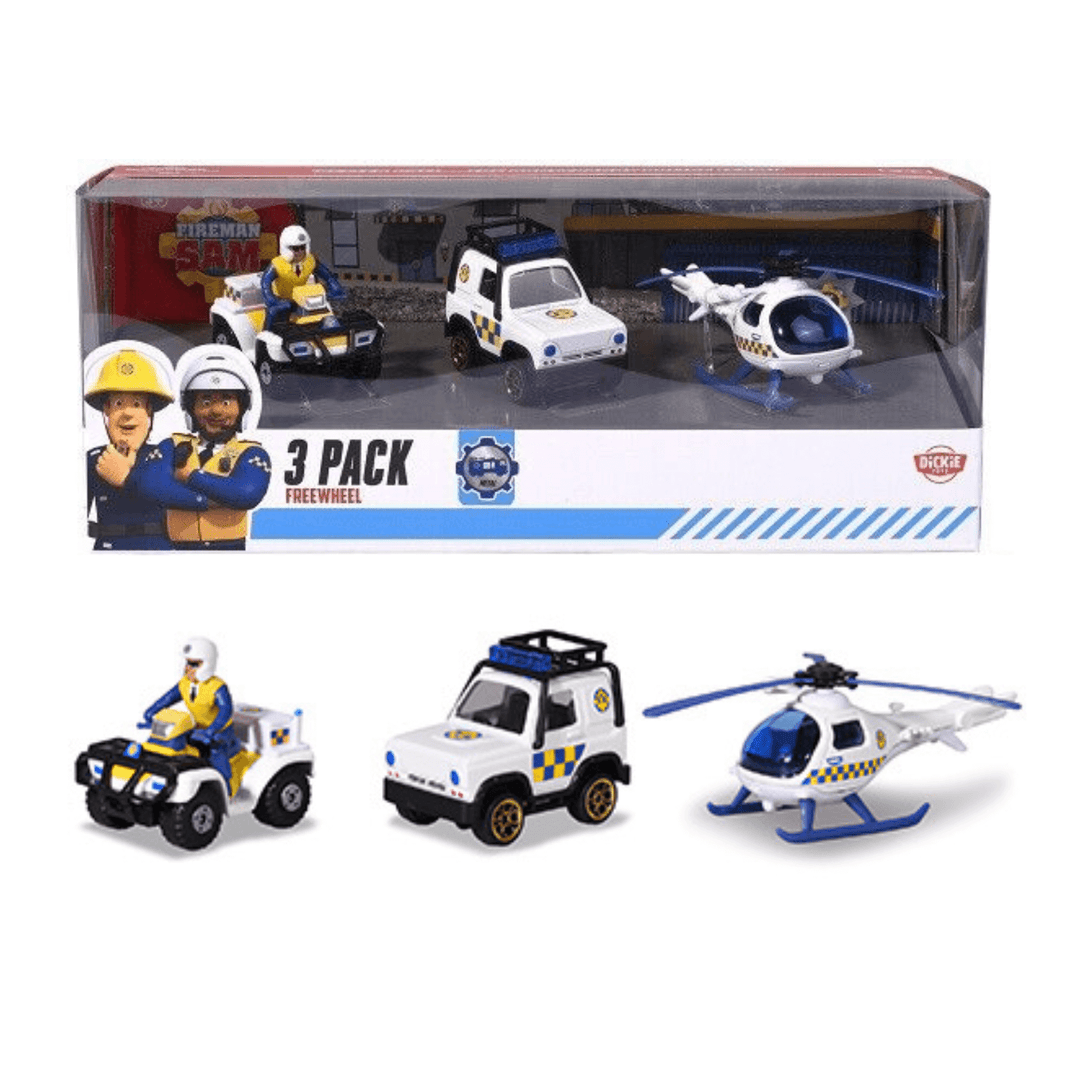 3 pack of fireman sam police vehicles includes quad bike, helicoptor and 4 x 4