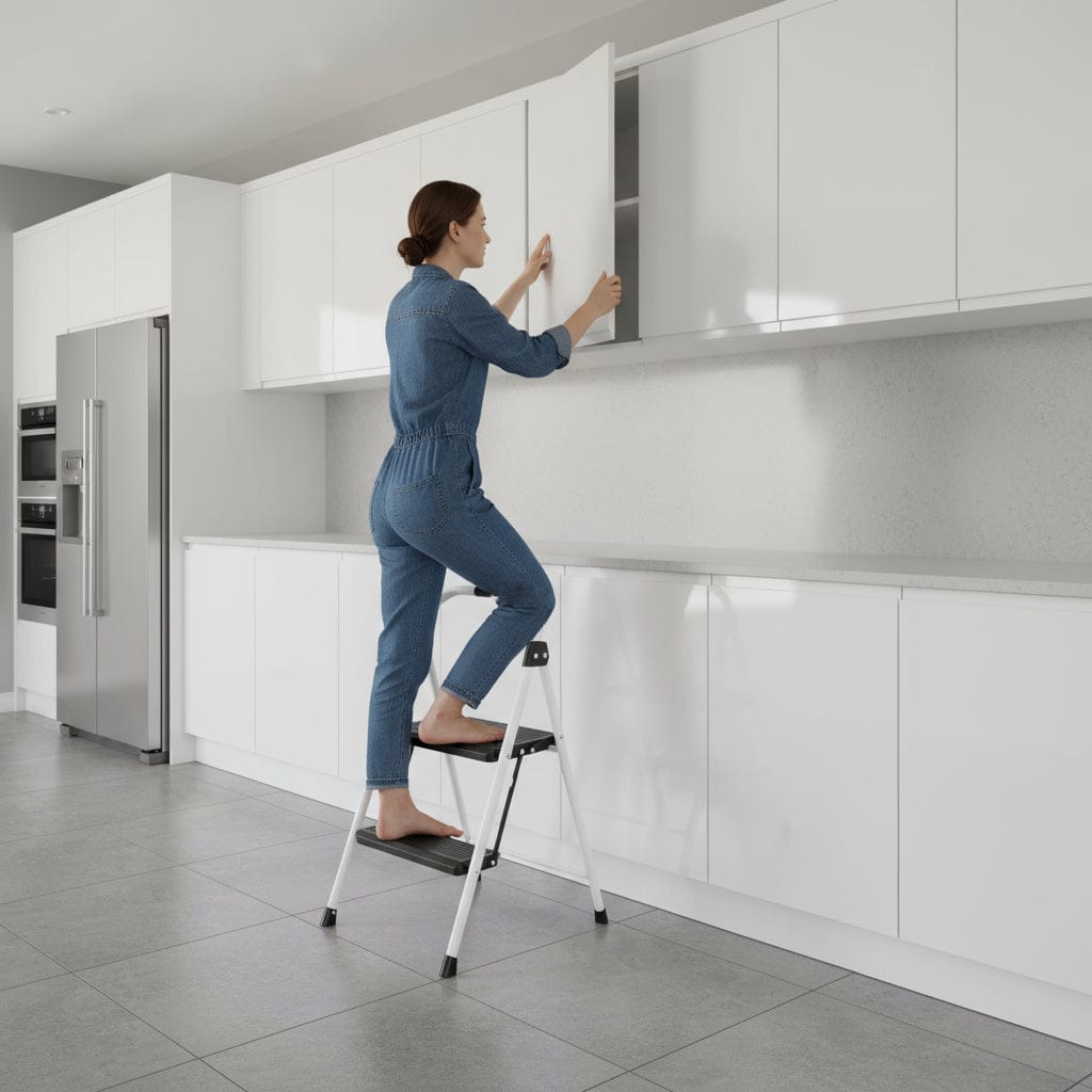 Folding Steel Step Ladder with Handrail Sturdy Compact Home Office