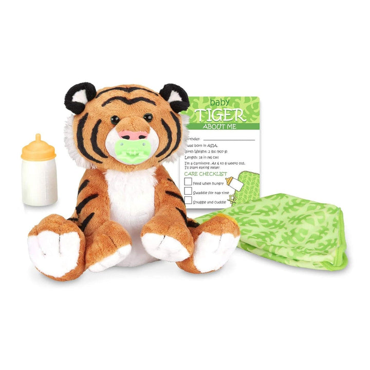 Baby tiger soft toy with bottle, pacifier, nappy and facts card care checklist