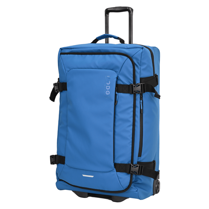 front view of hodge and hodge suitcase in large size with telescopic handle, front pockets, buckles for added security