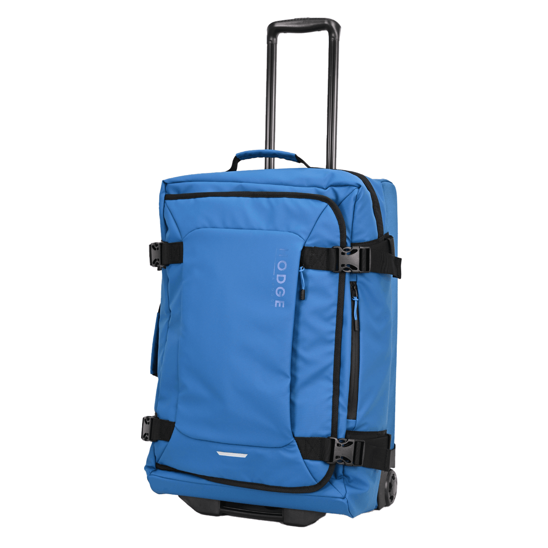 aventura blue suitcase with telescopic handle, rubber zip pulls, front pockets and buckles for security