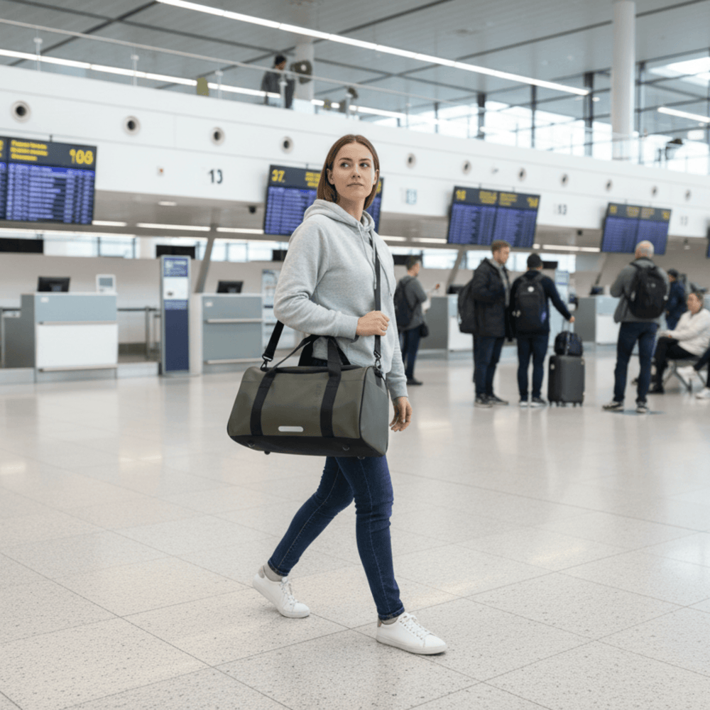 Girl walking through Airport with Safari Holdall over her shoulder.