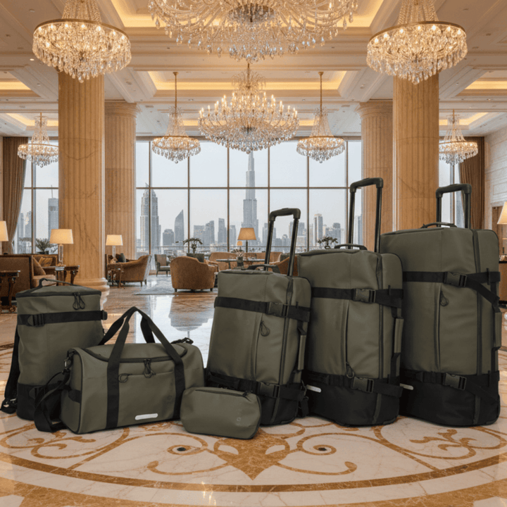 Safari 6 Piece Travel Luggage Set Soft Suitcase Duffle Wash Bag Olive