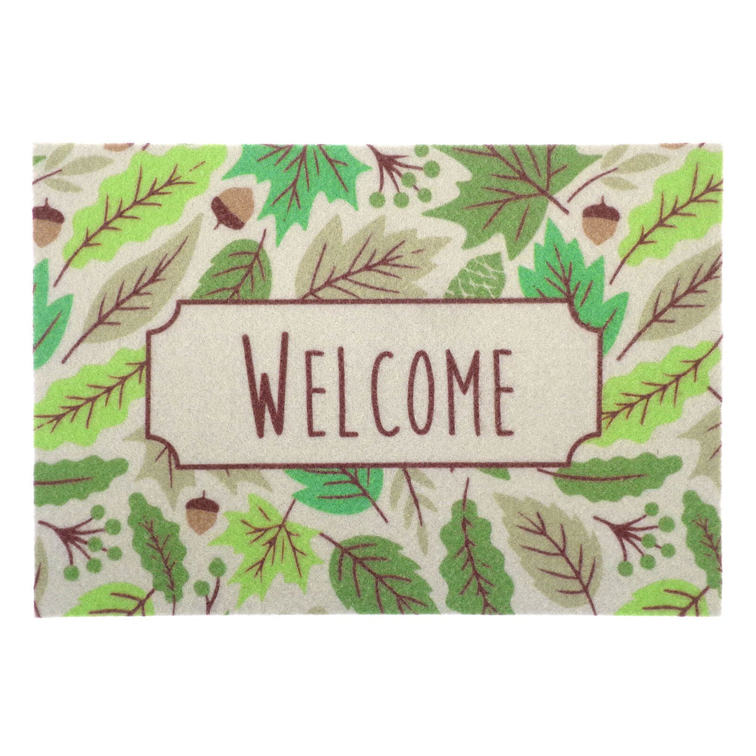 Doormat with Welcome and leaves pattern in green and grey
