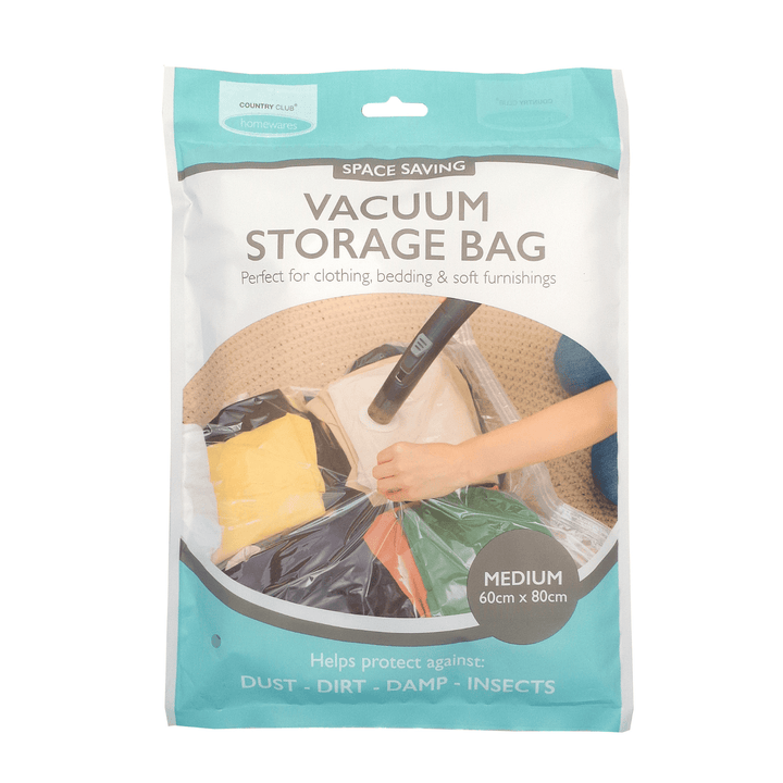 Vacuum storage bag packaging with a person using it on a white background