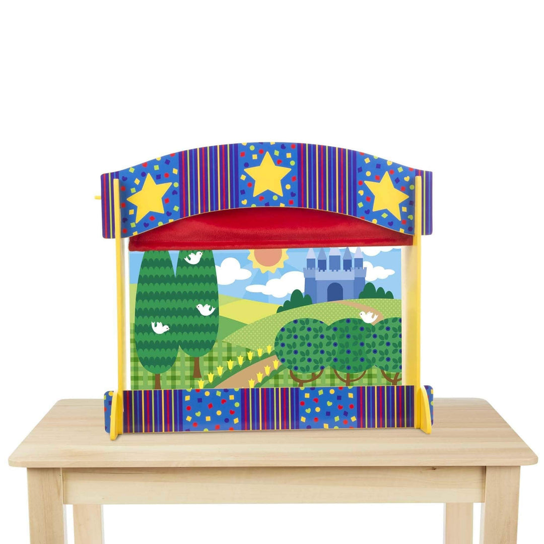 colourful tabletop puppet theatre on wooden table