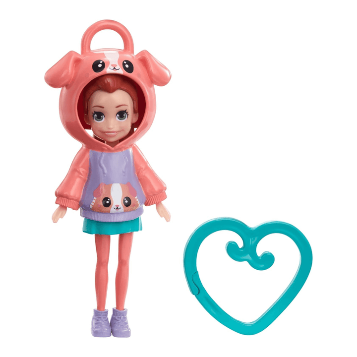 13cm polly pocket doll wearin puppy dog themed hoodie top with dog and teal clip on heart